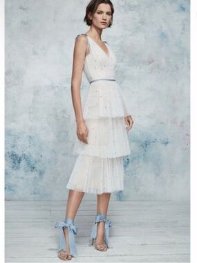 Marchesa Notte  Sleeveless V neck Ivory Tulle Tea Length Dress with Blue Accents
